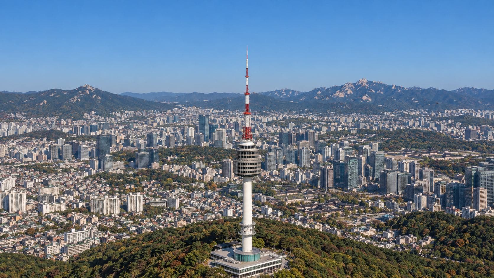 Aerial view of N Seoul Tower and the city in autumn