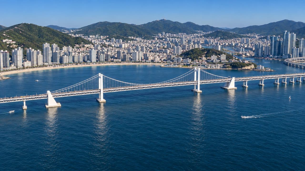 Aerial view of Gwangan Bridge and Busan’s coast